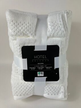 Hotel Balfour Bath Towel Set White Waffle Design Soft 100% Cotton Set of 6 NEW